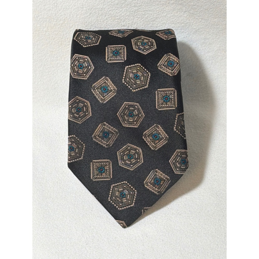 Blair Mens Geometric Necktie Black Tan Blue Silk Blend Classic Tie